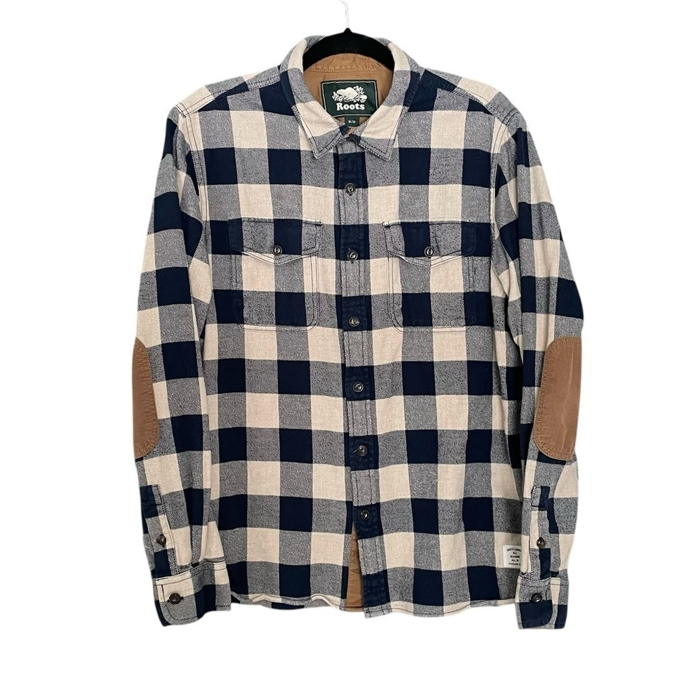 ROOTS Canada Park Plaid Flannel Buffalo Check Button Down Shirt Tan Navy Blue M
